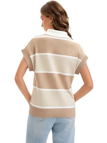 Short Sleeve Sweater for Women Striped Polo Sweater Vest Button Down V Neck Pullover Tops Oversized Color Block Tops4
