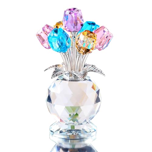 Movdyka Crystal Tulips Bouquet Figurines Gifts for Her Glass Multicolor Flowers Ornaments for Home Romantic Floral Presents for Women Mum Friends Birthday Anniversary