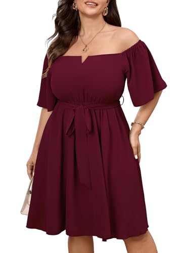 Image of SCOMCHIC Womens Plus Size Cocktail Dress Summer Off Shoulder Short Sleeve Flowy Ruffle A-Line Cute Mini Dress with Belt