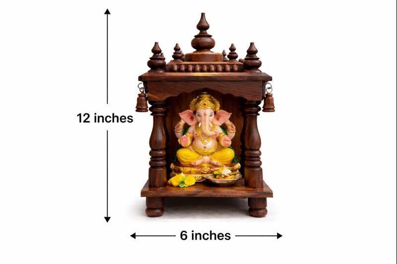 Image of Australian Handicrafts Handcrafted Wooden Temple for Home | Premium Small Pooja Mandir (12 x 6 Inch) | Solid Wood Hindu Mandir with Bells | Home, Office & Gifting