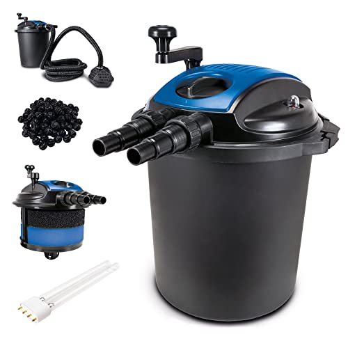 Scheppach Teichdruckfilter Komplettset PFS20000 | für Teiche bis 20.000 Liter | Fördermenge 4000 L/h | 18 W UV-C Klärer mit Spin Clean | int. Schmutzanzeige | 26L Tank | Teichfilter Druckteichfilter