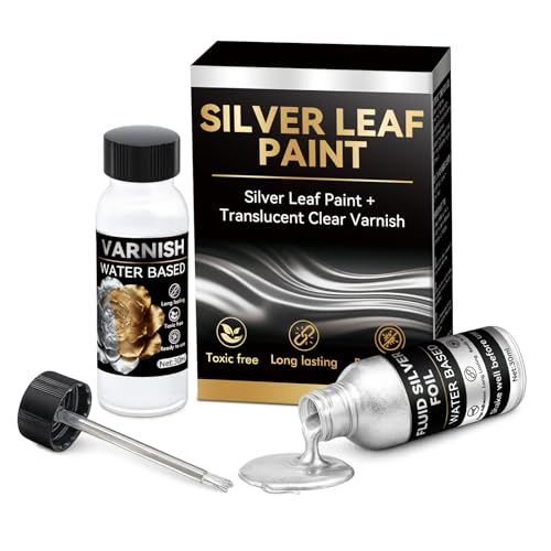 Yeardera Liquid Silver Leaf Paint Kit Water-Based Metallic Silver Acrylic Paint with Gloss Varnish Decorative High Gloss Silver Leaf Effect for Crafts Resin Art Models & DIY Decor (2 x 30ml)