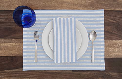 Image of Solino Home 100% Linen Placemats, 14 x 19 in, Blue, Amalfi Stripe, Set of 4 | protect and style the table setting, woven stripe, European flax fibres, gift ready packaging, soft, fine, OEKO-TEX Certified