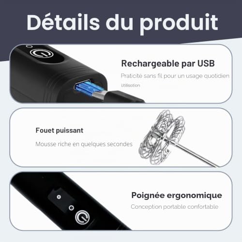 Mousseur à lait électrique USB Rechargeable,Deux Ressorts,de Trois Vitesses, Mini Mousseur à Lait électrique, Mousseur à lait Puissant, Convient pour les Cappuccinos, les lattes, les œufs et la Crème – vue 3