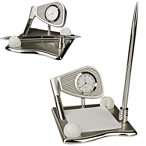 alles-meine.de GmbH kleine - Tischuhr / Miniatur - Uhr + Notizzettel Halter + Kugelschreiber Ständer - Golf - Golfschläger & Golfball - aus Metall - batteriebetrieben - Analog - ..