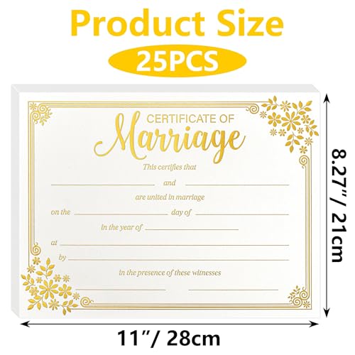 Lesnala 25Pcs Marriage Certificates with Gold Foil Edges Blank Thick Paper for Wedding Ceremony Official Newly Weds Expecting Proposals Supplies 11 X 8.27inch