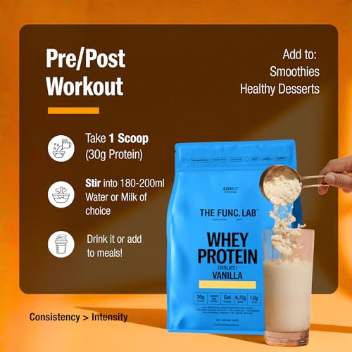 Image of The Func. Lab Whey Protein Isolate - Vanilla Flavour | 500g | Grass‑Fed, 30g Protein, 6.72g BCAA per Scoop | High Protein Supplement for Muscle Growth, Digestion and Absorption Support