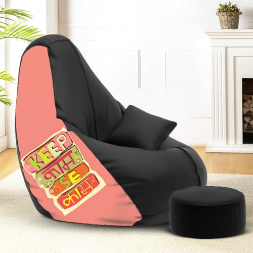 Image of Amazon Brand - Solimo Premium Faux Leather Bean Bag Combo with Footrest & Cushion, Filled with Beans | Capacity: Upto 6 Ft 3 in Height, 120 KG Weight | 4XL | Keep Kaam Se Kaam | Black