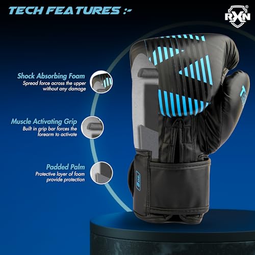 Image of RXN Terra Boxing Gloves, Pro Training & Sparring (Black /Blue, 14oz) | High-Density Foam Padding | Shock Absorption | Attached Thumb | Enhanced Hand Protection