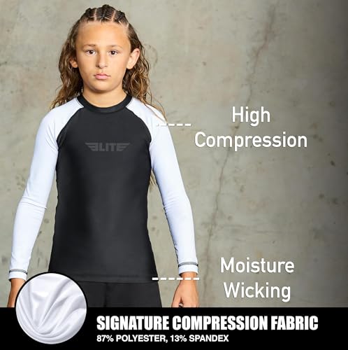 Elite Sports Rash Guards for Boys and Girls, Full Sleeve Compression BJJ Kids and Youth Rash Guard