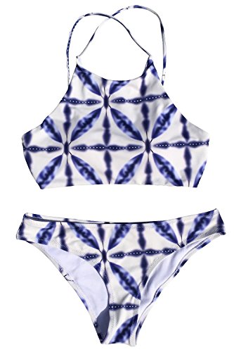 Cupshe Fashion Women's Sea Beige Blue Printing Tank Padding Bikini Bathing Suit (M), Multicolor