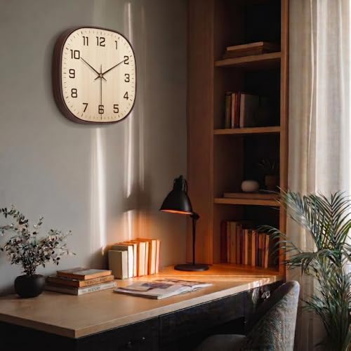 Image of STAR WORK 12 inch Inch Square Silent Non-Ticking Quartz Movement Wall Clock with Analog & Digital Display | Easy-to-Read Numbers | Modern Design for Living Room, Bedroom or Office (Cream - Brown)