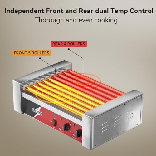CROSSON Hot Dog 9 Roller Grill Cooker Machine with Transparent Sneeze Guard,9 Nonstick 304SS Rollers and Dual Temp Control,Commercial Hot Dog Cooker Machine-120V, 1350W by crosson - Image 6
