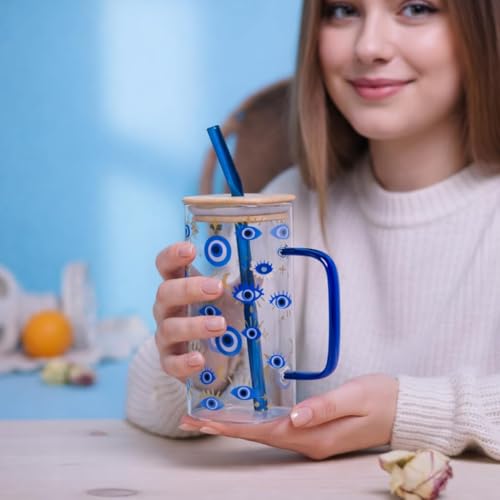 Image of FUNKYFINDS Evil Eye Glass Coffee Cup with Handle 400 ml Glass Can for Hot /Cold Beverages Cappuccino Latte Espresso Beer Hamsa Blue Evil Eye for Protection Tumbler Mug Heat-Resistant and Freezer Safe