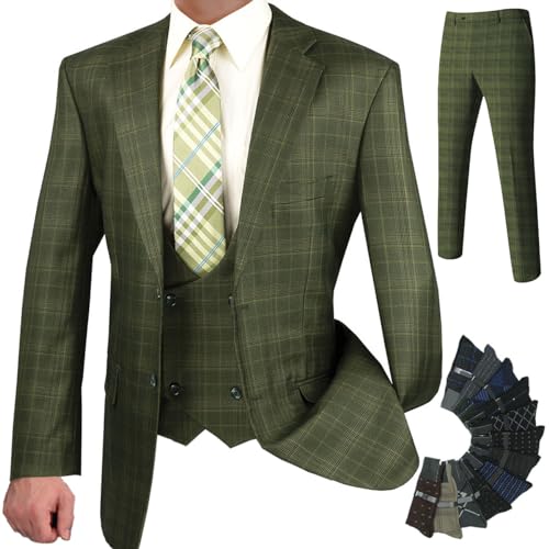 Luxurious Men's 3-Piece Glen Plaid Pattern Suit, Blazer, Vest and Pants w/1 Pair of Socks
