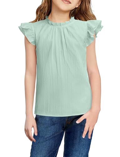 Image of Arshiner Girls Ruffle Short Sleeve Shirts Cute Summer Frill Neck Pleated Textured Blouse Tops