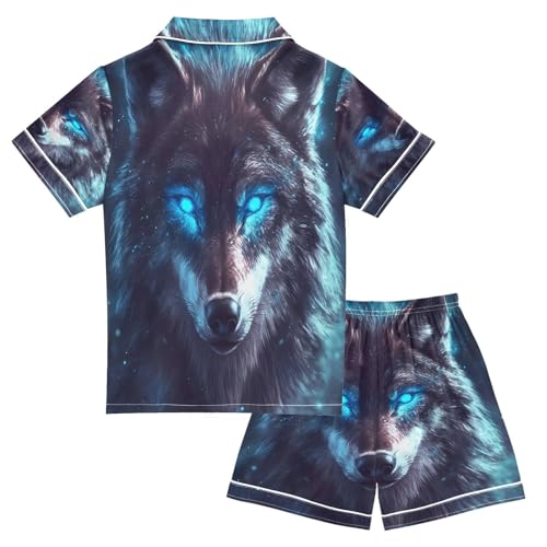 ALAZA Blue Eyed Wolf Animal Satin Pajamas Set Short Sleeve Button Down Sleepwear Summer Pjs 2 Piece2