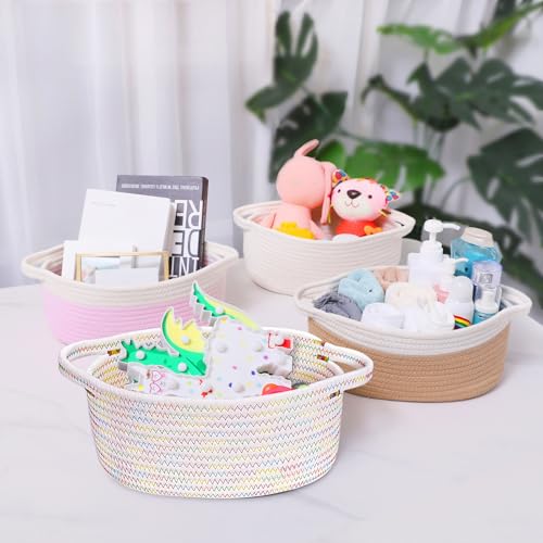 Image of ABenkle Small Basket with Handles, Boho Decorative Rope Woven Dog Cat Toy Storage Bin Shelf Storage Organizer, Easter Christmas Gift Basket, 12 inchx8 inchx5 inch