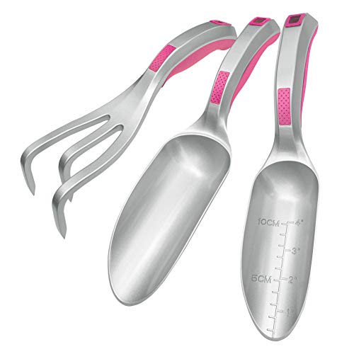 CFCT Gardening Tools for Women, Garden Tool Set for Men, Gift Set for Gardening Needs, Trowel Hand Shovel, Cultivator Hand Rake, Bend Proof Ergonomic Handle, Aluminum, Pink