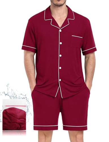 Image of Mens 2 Piece Short Sleeve Button Down Pajama Set, S-3XL | Soft Modal Fabric, Cool Lightweight Sleepwear & Loungewear with Pockets, Home Relaxing