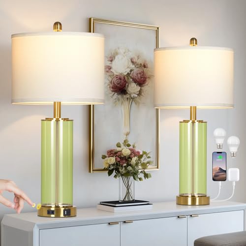 Ruzectt 26" Green Glass Table Lamps for Bedside, Modern Living