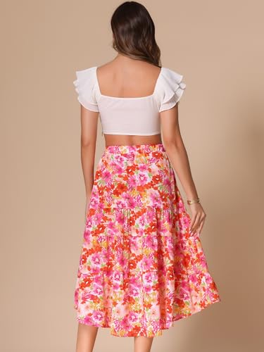 Allegra K Boho Floral Skirt for Women's High Low Hem Elastic High Waist Midi Skirt3