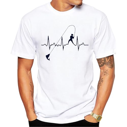 T-shirt de pêche pour homme en coton blanc à col rond