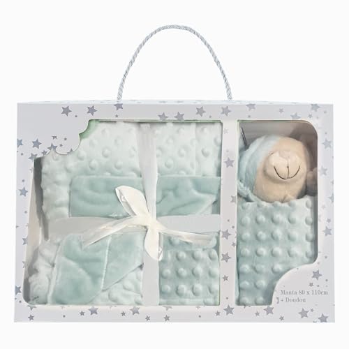 various Manta Burbuja y Dou Dou Osito Manta extrasuave + doudou Osito Tacto Aterciopelado, Set de Regalo Bebe, Lavable, Textura en Relieve (Verde)