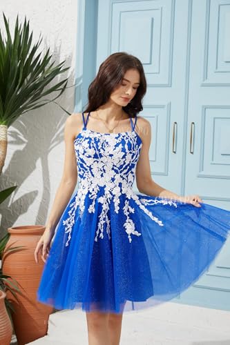 CWOAPO Sparkly Lace Applique Homecoming Dresses for Teens Short Corset Tulle Spaghetti Strap Prom Cocktail Party Dress3