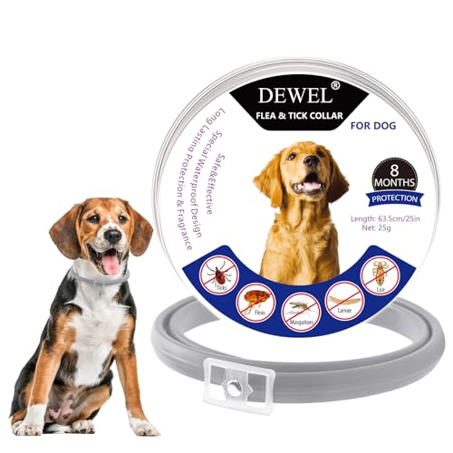 DEWEL Collar Antiparasitarios para Perros Grandes y Medianos 62,5 cm, Collar Protege Perros de Pulgas, Garrapatas, Mosquitos, Piojos de 8 Meses, Collar contra Pulgas y Garrapatas Ajustable Gris