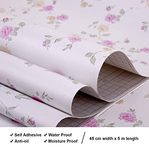 wolpin DIY Roses Floral Wallpaper (45 x 500 CM, White) | Self Adhesive PVC Wall Sticker Roll | DIY Floral Bouquet Décor for Bedroom Kids Room Baby Room | Easy Peel & Stick Home Decoration