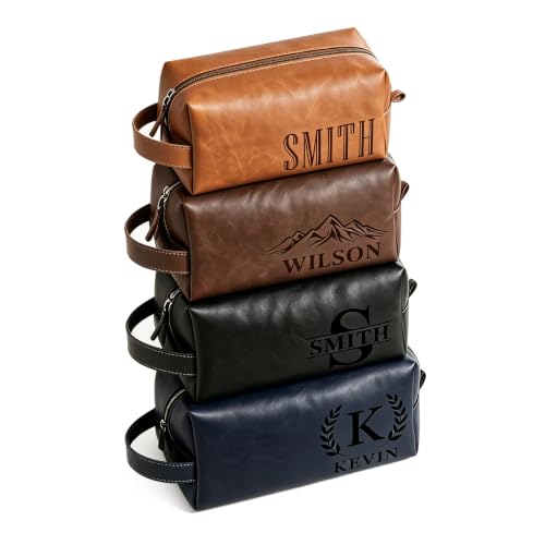 Image of EDSG Personalised Toiletry Bag Gifts for Men, Engraved PU Leather Mens Wash Bag with Handle, Travel Toiletry Bag for Birthday ChristmasValentines Groomsmen Gifts Best Man Gift (Light Brown, Medium)