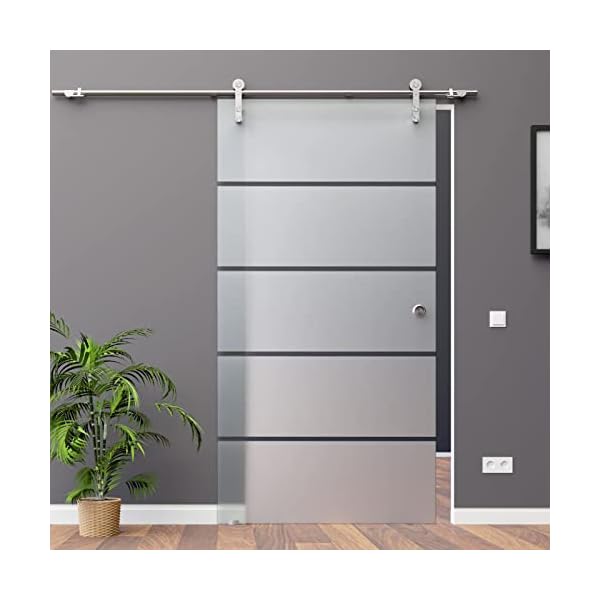 BP1-900LA: Schiebetürsystem ESG 900x2050x8mm Dekor P1, Siebdruck, links; Edelstahl Laufrollensystem SoftStop; Griffmuschel