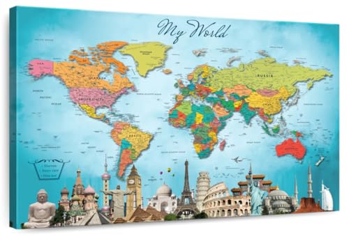 ElephantStock - My World Push Pin Travel Map II Wall Art - Horizontal Canvas Wall Art - Hallway Wall Decor - Digital Art Map Canvas Art - Blue And Green Decor - 24' x 16'