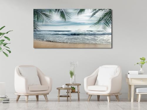arteWOODS Tropical Beach Canvas Wall Art - Ocean Waves Pictures Coastal Oceanic Blue Sky Sea Print Seaside Palm Tree Leaves Scene Painting Artwork Living Room Bedroom Office Home Decor 29" x 58" - Image 5