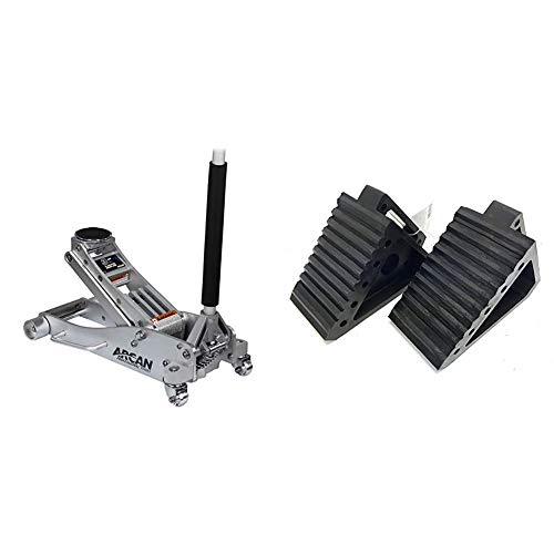 Arcan 3-Ton Quick Rise Aluminum Floor Jack with Dual Pump Pistons & Reinforced Lifting Arm & MaxxHaul 2 pack 70472 Solid Rubber Heavy Duty Black Wheel Chock, 8" Long x 4" Wide x 6" high-2 Pack
