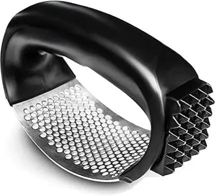 Garlic Press 2 in 1 Garlic Crusher Kitchen Garlic Rocker Stainless Steel Ginger Crusher Ergonomic Handle Garlic Peeler Cleaning Brush Kitchen Tool
