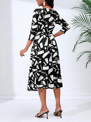 Image of PerZeal Women's Casual Wrap Flared Midi Dress Geometric Print Swing Round Neck 3 /4 Sleeve Wedding Guest Dresses with Belt XXX-Large