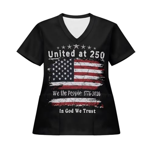AQYAPTOIY American Flag Scrub Shirts for Women Retro Short Sleeve V Neck Medical Shirts Casual Cozy Nursing Scrubs with Pockets, United at 250 Years