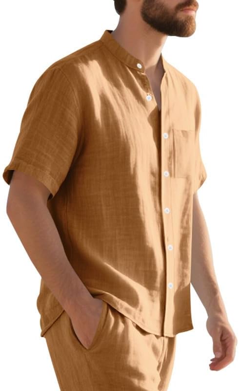 Men's Cotton-Linen Shirt - Short Sleeve Button Down Breathable Business Casual Shir...