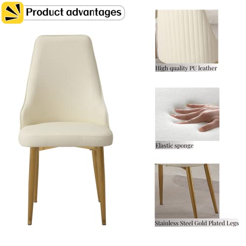 Montary Dining Chairs Set of 2, Modern Cream White Faux Leather Chairs with Gold Metal Legs and Ergonomic Backrest for Living Kitchen Dining Room Chairs - Thumbnail 3