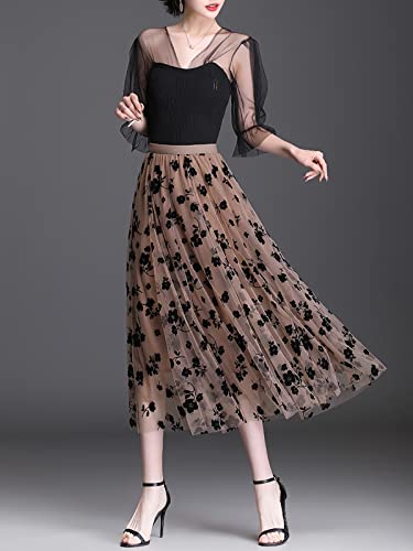 Skirts for Women Midi Long Length Dressy Casual Trendy Summer Tulle A-Line Floral High Waist Skirt2
