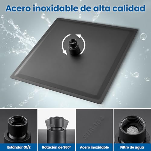 Miniatura 7 de Alcachofa De Ducha Grande Anticalcáreo Y Alta Presión - Cuadrado 8 Pulgadas Con Boquillas De Silicona Autolimpiantes - Ducha De Lluvia En Acero Inoxidable, Fija A Pared Para Baño Moderno - Negro