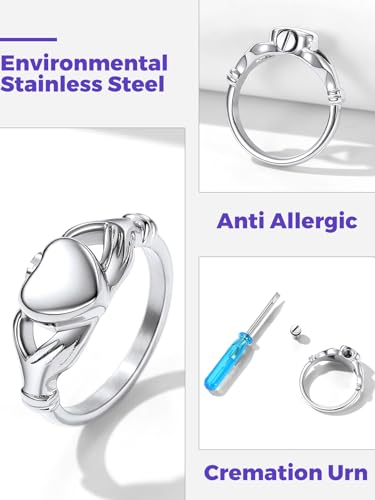 Image of Richsteel Stainless Steel Heart /Claddagh Cremation Urn Ring for Ashes for Women Waterproof Locket Rings Memorial Jewelry(with Gift Box)