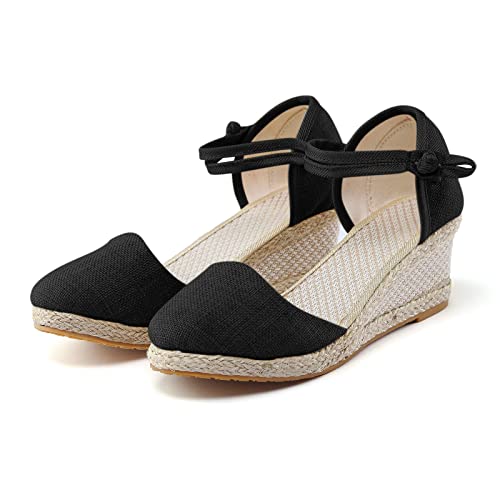 Women's Ankle Strap Closed Toe Espadrille Wedge Heels Sandals Retro Casual Buckle Strap Ladies Platform Summer Shoes #TOP4