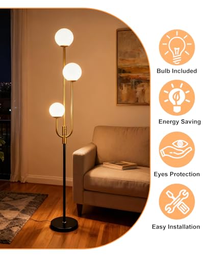 Image of Lightdot 66IN Globe Floor Lamp 3-Lights Vintage Floor Lamps with 3000K Warm White Bulbs Included for Wedding Party Modern Tall Standing Lamp with 5Lbs Heavy Basefor Living Room /Bedroom-Gold & Black
