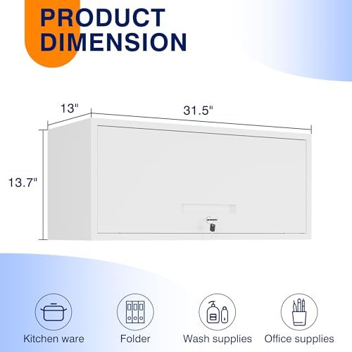 Image of Yizosh Metal Wall Cabinet with Doors, Wall Mounted Storage Cabinet - Floating Tool Cabinet for Kitchen, Basement, Warehouse (White, 13.7 inch H)