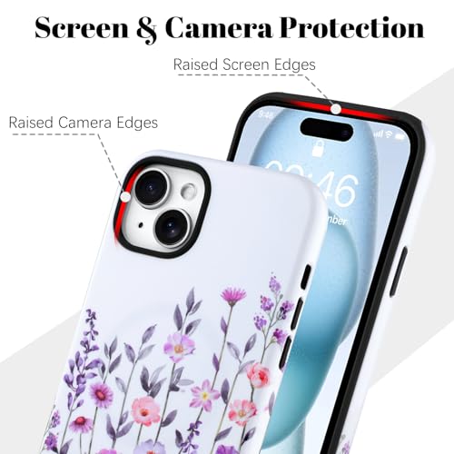 Image of Magnetic for iPhone 15 Plus Case for Women Girl, Floral White | Stylish Flower Pattern Design [Compatible with MagSafe] 2-Layer Hybrid Shockproof Glossy Protective Cover