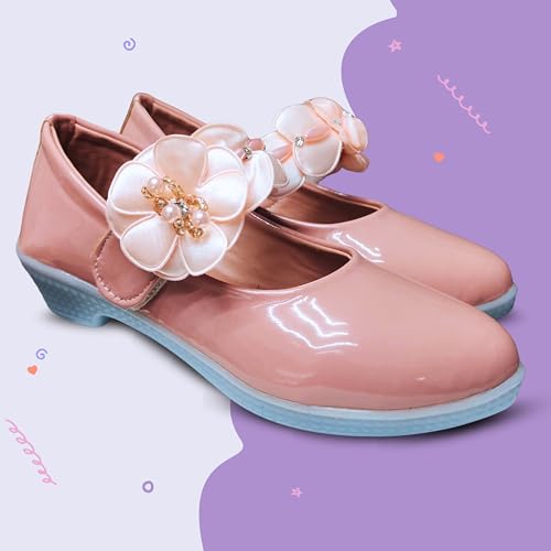 Image of Girls' Patent Mary Jane Shoes with Floral Embellishment, Attractive Colour's, Pearl Flower Welcro Bellies |DMND-3|