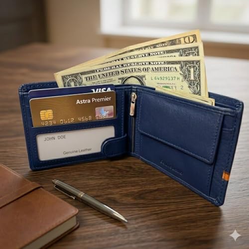 Image of Storescent Premium Genuine Leather Wallet for Men | Men's RFID Blocking Slim Purse | Hand-Stitched Pure Leather Gents Wallet (Blue)